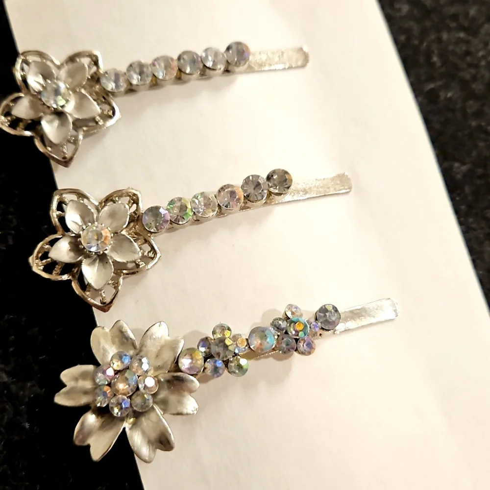 Set Of 3 Silver floral Design AB rhinestone embellished hairpins Wedding Prom